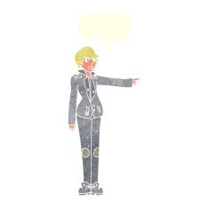 cartoon woman in leather jacket pointing with speech bubble N10