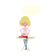 cartoon woman ironing with speech bubble N9