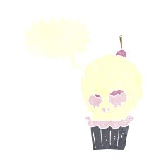 cartoon spooky skull cupcake with speech bubble N10