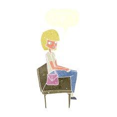 cartoon woman sitting on bench with speech bubble N10