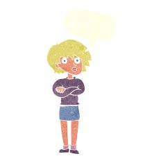 cartoon woman wit crossed arms with speech bubble N10