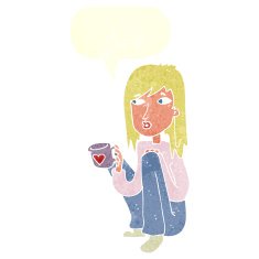 cartoon woman sitting with cup of coffee speech bubble N10