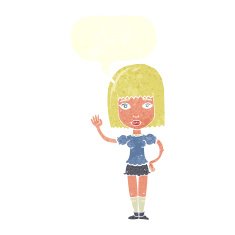 cartoon woman waving with speech bubble N310