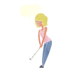 cartoon woman playing golf with speech bubble N19