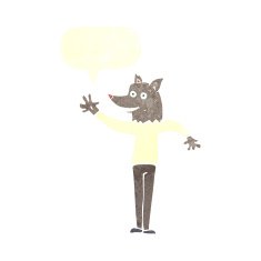 cartoon waving wolf man with speech bubble N6
