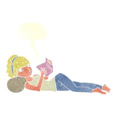 cartoon pretty woman reading book with speech bubble N10