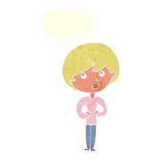 cartoon woman making Who Me? gesture with speech bubble N43