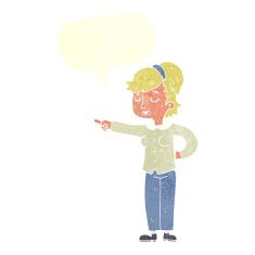 cartoon friendly woman pointing with speech bubble N10