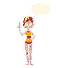 cartoon woman covered in tattoos with speech bubble N9