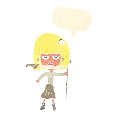 cartoon woman with knife and harpoon speech bubble N10