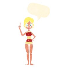 cartoon woman in striped swimsuit with speech bubble N10