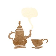 cartoon coffee pot and cup with speech bubble N2