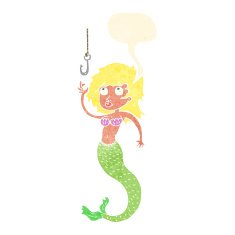 cartoon mermaid and fish hook with speech bubble N8