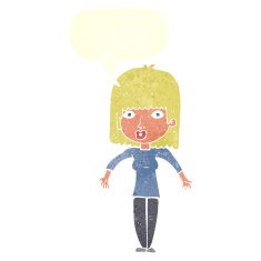cartoon woman shrugging with speech bubble N58