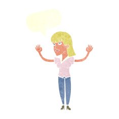 cartoon woman throwing hands in air with speech bubble N10