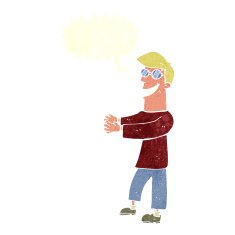 cartoon grinning man wearing glasses with speech bubble N10