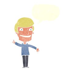 cartoon grinning man with idea speech bubble N10