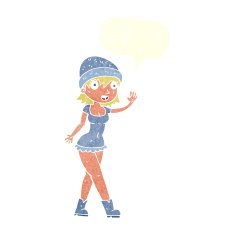 cartoon pretty girl in hat waving with speech bubble N10