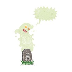 cartoon ghost rising from grave with speech bubble N26