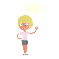 cartoon woman waving with speech bubble N323