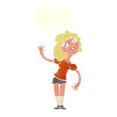 cartoon woman waving with speech bubble N327
