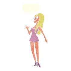 cartoon woman in pink dress with speech bubble N10