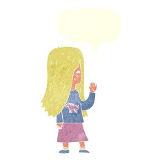 cartoon girl with pony shirt waving speech bubble N9