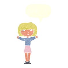 cartoon woman raising arms in air with speech bubble N10