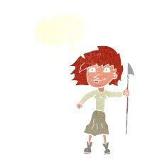 cartoon woman with spear speech bubble N10