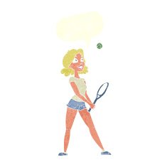 cartoon woman playing tennis with speech bubble N9