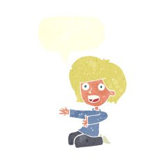 cartoon shocked woman on knees with speech bubble N10