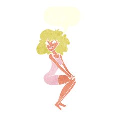 cartoon sitting woman in dress with speech bubble N10