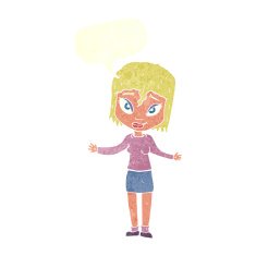 cartoon woman shrugging shoulders with speech bubble N489
