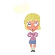 cartoon woman gesturing at self with speech bubble N29