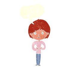 cartoon woman making Who Me? gesture with speech bubble N45