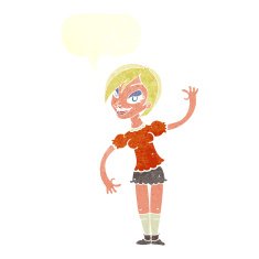 cartoon girl waving with speech bubble N29