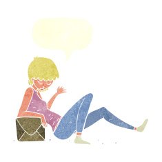 cartoon woman leaning on package box with speech bubble N10