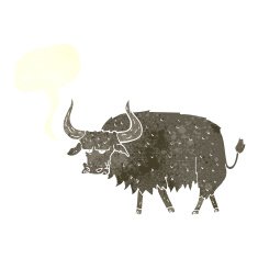 cartoon annoyed hairy cow with speech bubble N2