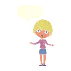 cartoon woman shrugging with speech bubble N59