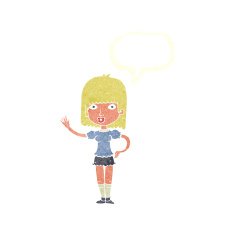 cartoon woman waving with speech bubble N338