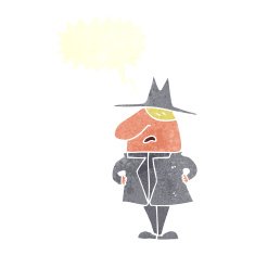 cartoon man in coat and hat with speech bubble N9