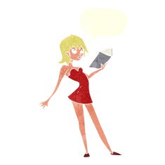 cartoon woman reading book with speech bubble N10