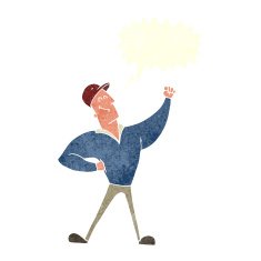 cartoon man striking heroic pose with speech bubble N9