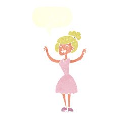 cartoon woman with raised arms speech bubble N10