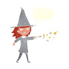 cartoon witch girl casting spell with speech bubble N20