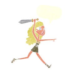cartoon viking girl with sword speech bubble N5