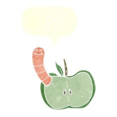 cartoon apple with worm speech bubble N49