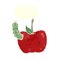 cartoon apple with bug speech bubble N28