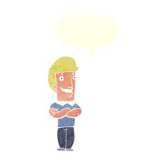 cartoon man with folded arms grinning speech bubble N10