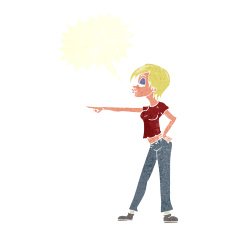 cartoon hip woman pointing with speech bubble N10